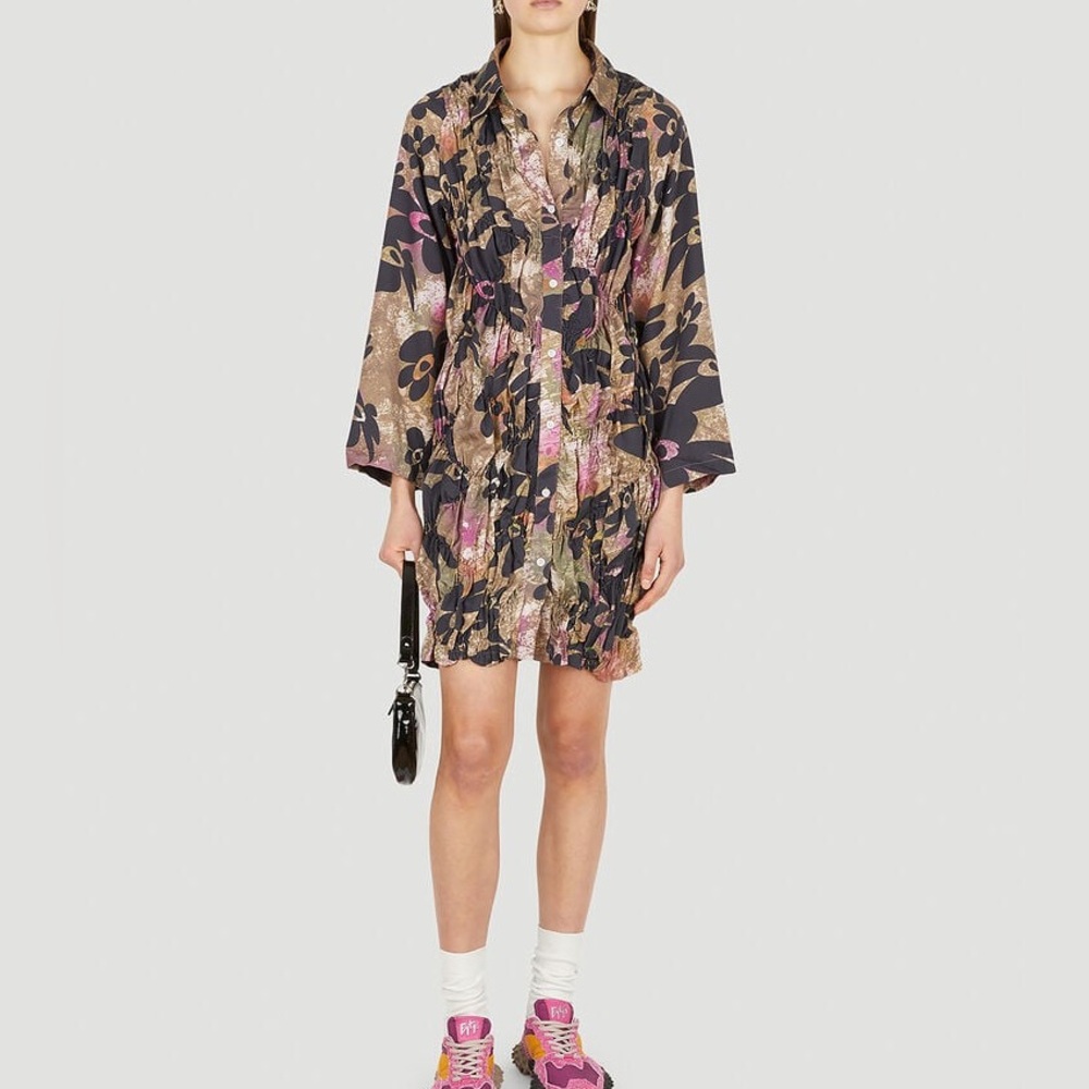 P.A.M. Walking On Flowers Gathered Shirt Dress in Abstract Brown Floral in Small